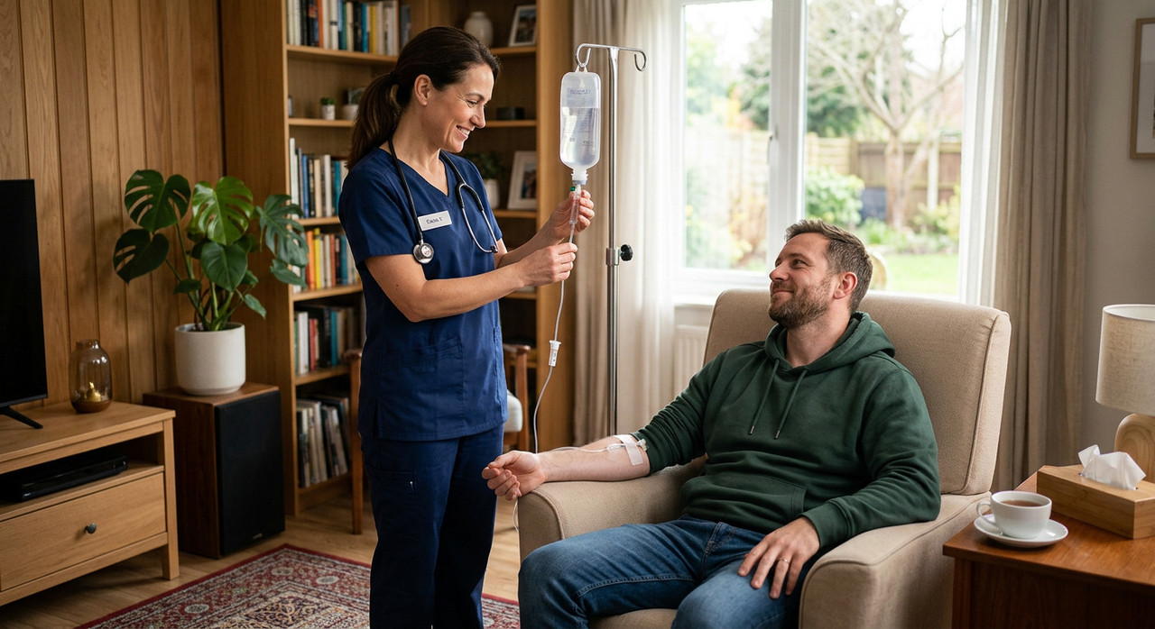 Врач ставит капельницу от похмелья пациенту на дому.