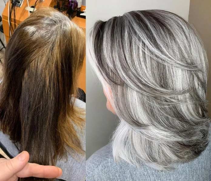 Gray brown hair dyed ash blonde