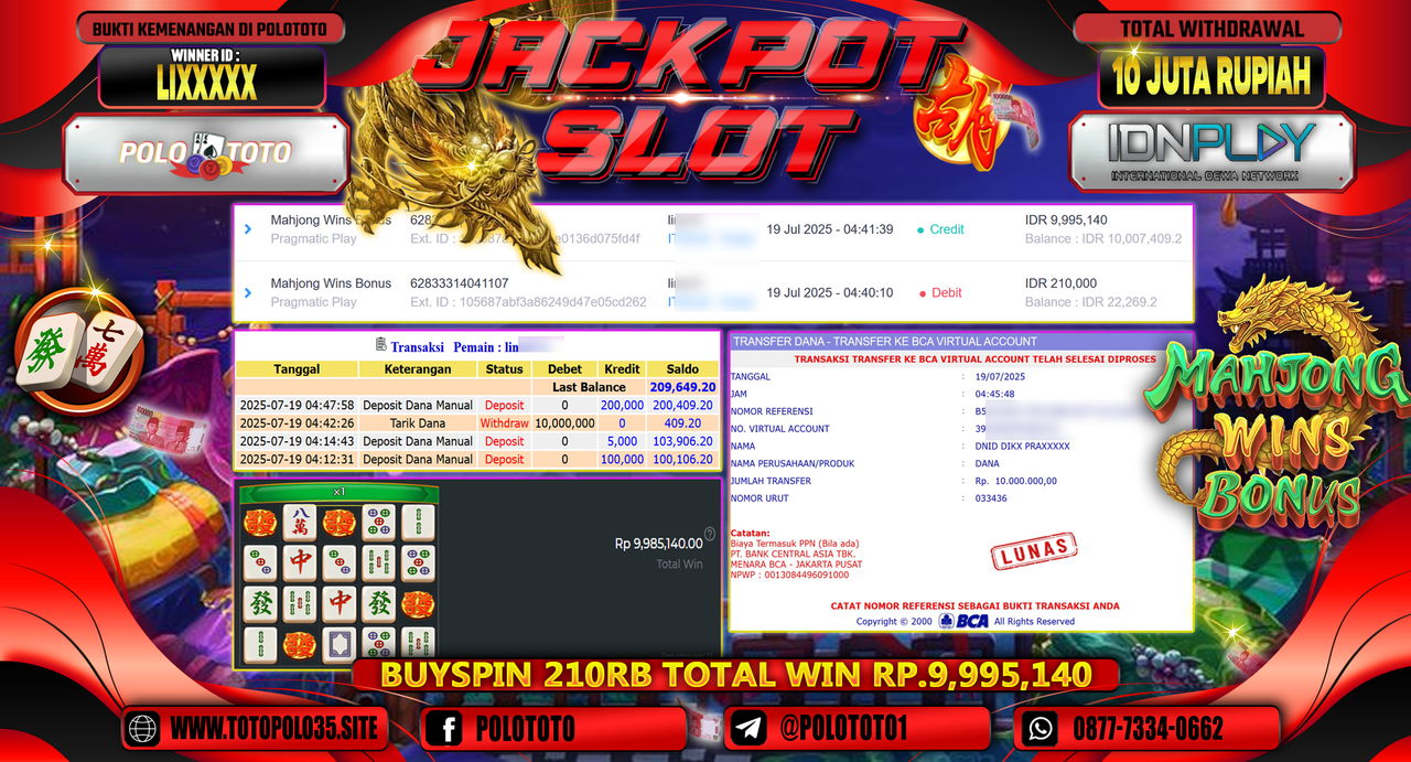 POLOTOTO JACKPOT SLOT MAHJONG WINS BONUS Rp.10.000.000,- LUNAS