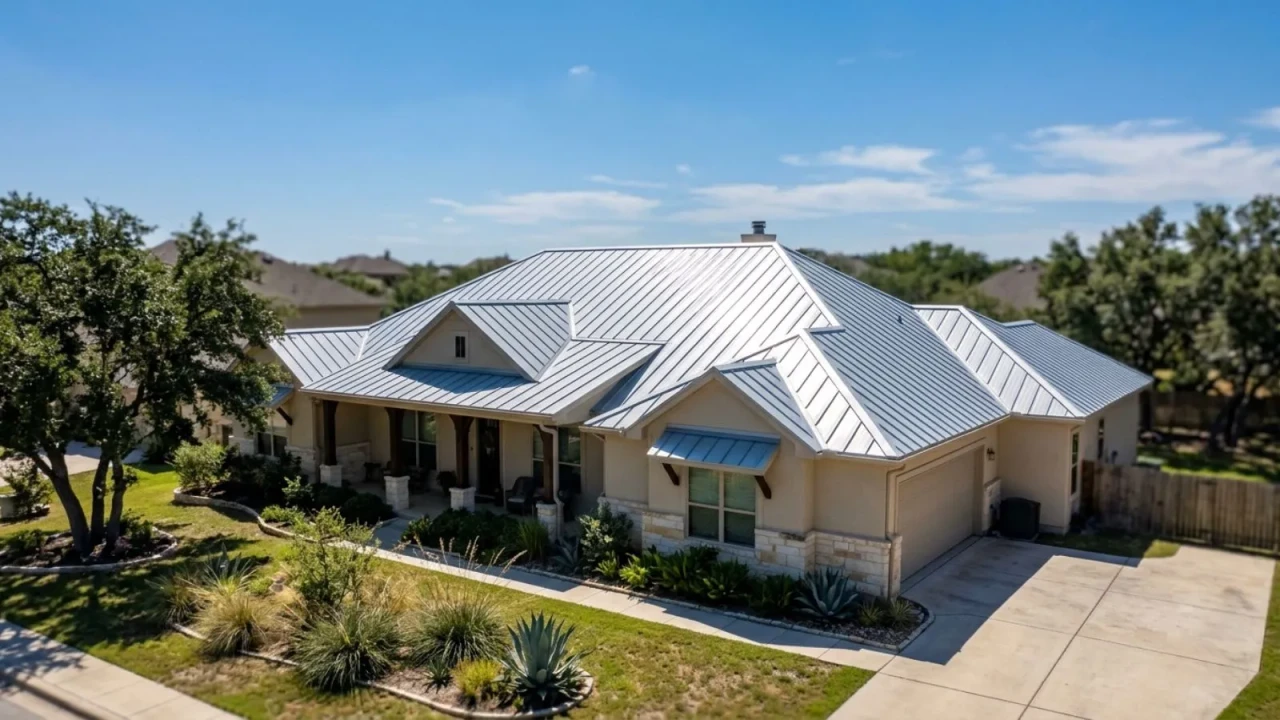 Metal roof reflecting sunlight on San Antonio home