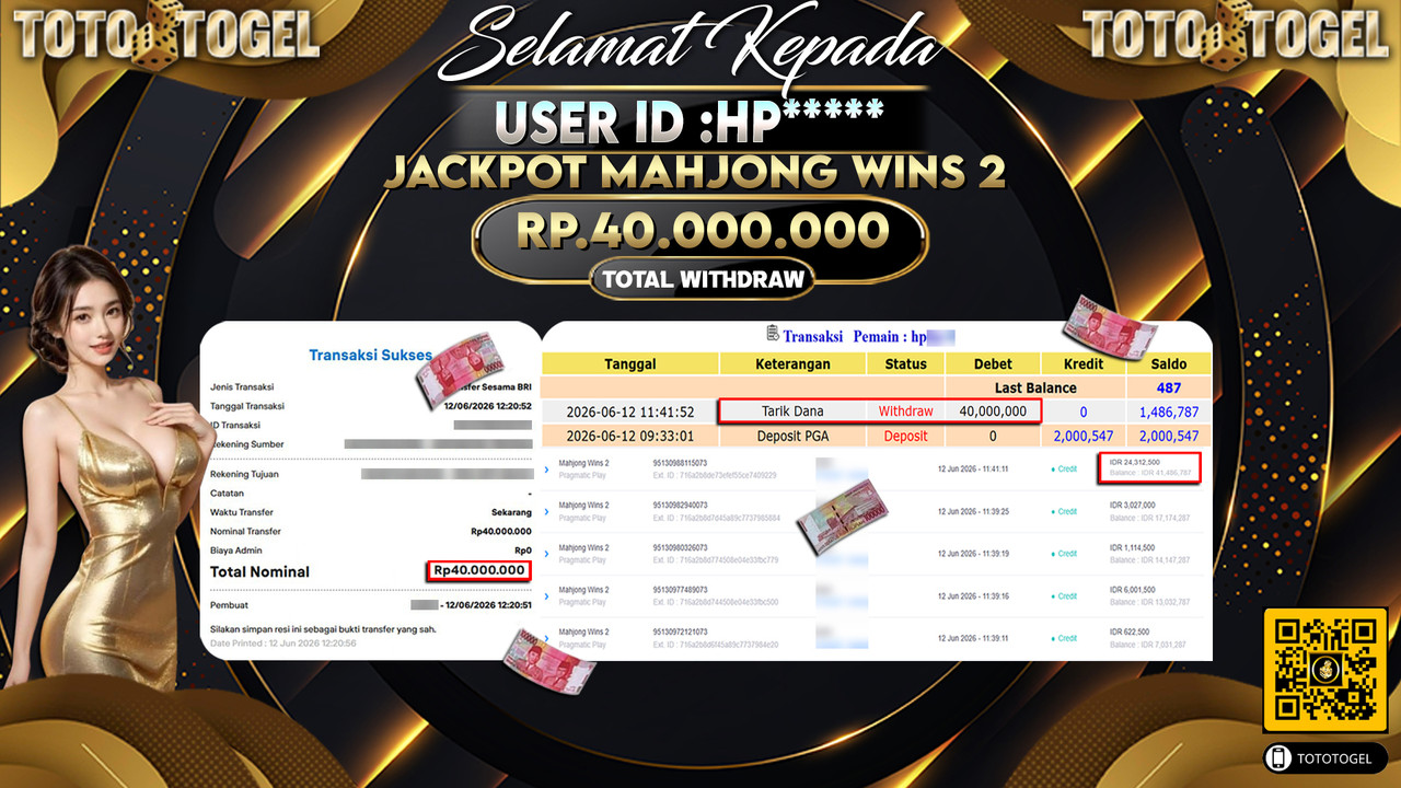 Bukti Pembayaran Jackpot Permainan Slot Mahjong Wins 2 ID:HP*****LUNAS