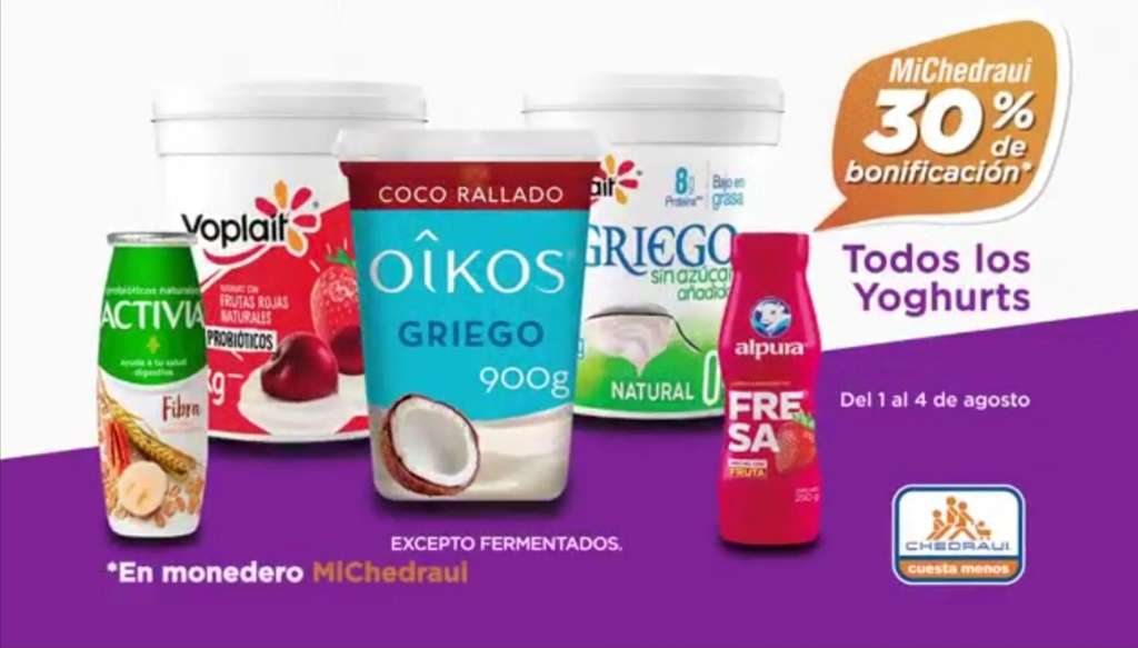 Chedraui: 30% de descuento/bonificación en todos los yoghurts 
