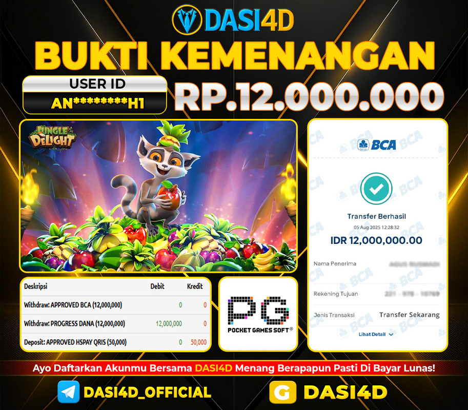 BUKTI KEMENANGAN 05 AGUSTUS DI JUNGLE DELIGHT WD 12.000.000