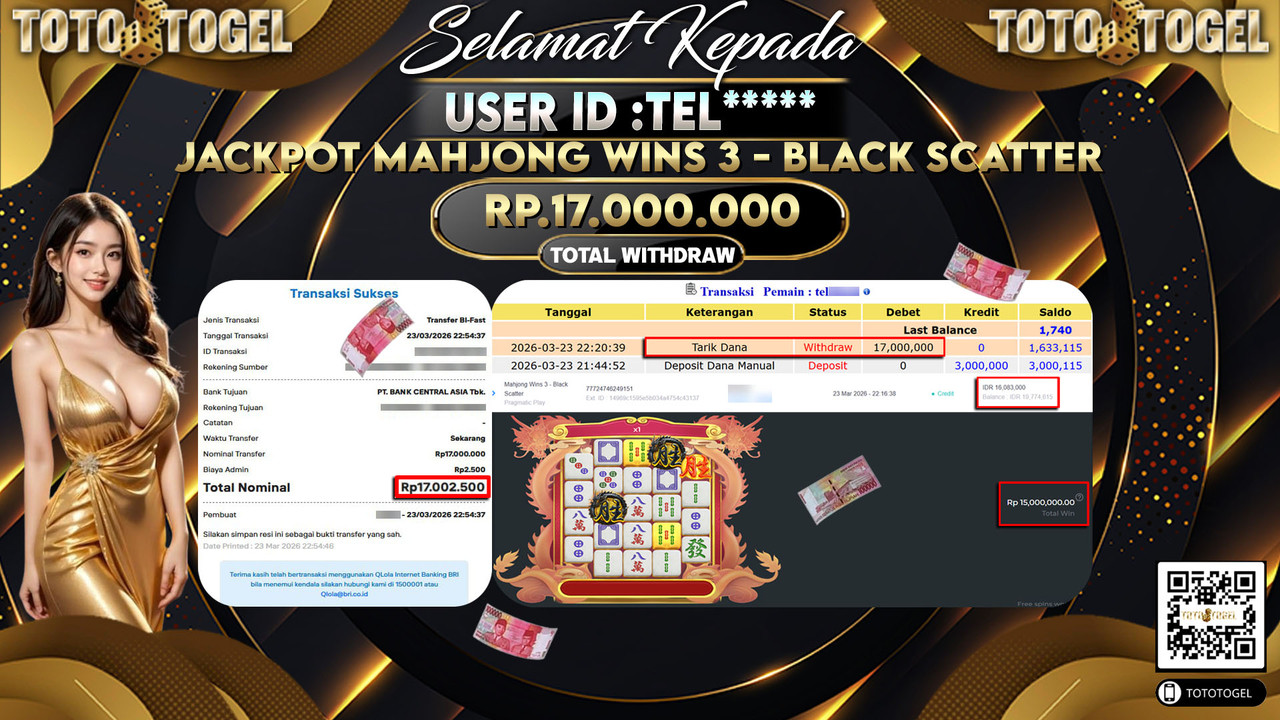 Bukti Pembayaran Jackpot Permainan Slot Mahjong Wins 3 - Black Scatter ID:TEL*****LUNAS