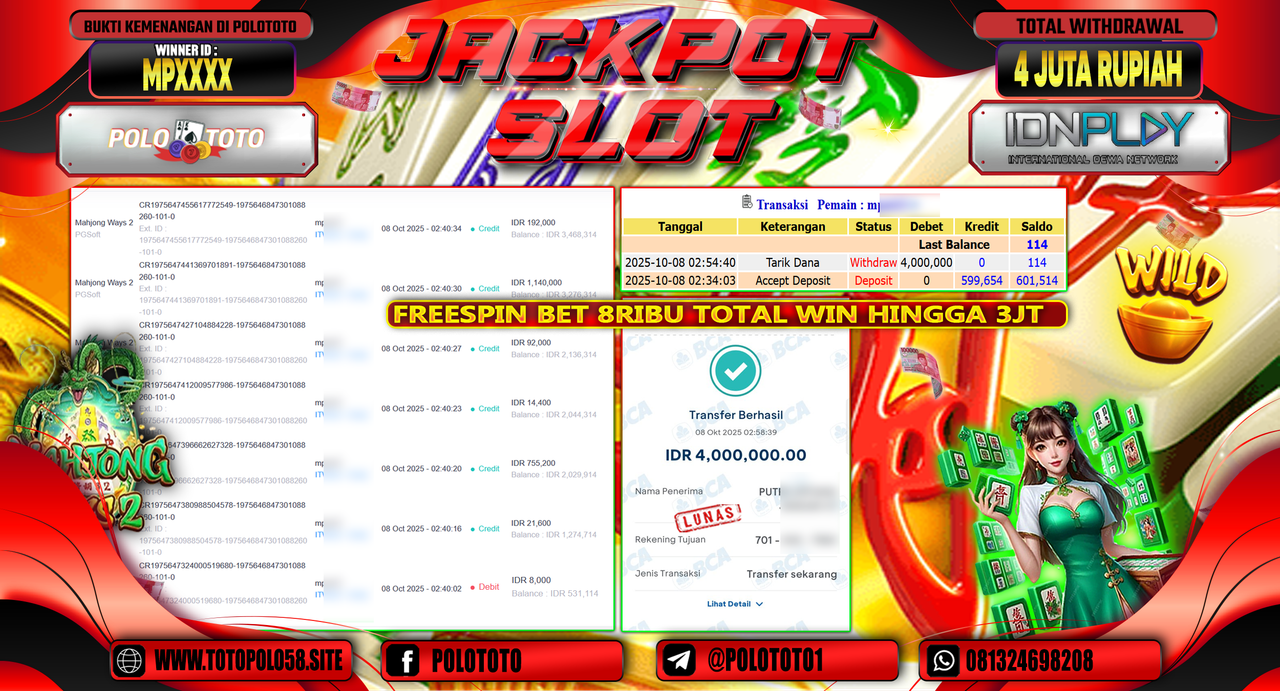 POLOTOTO JACKPOT SLOT MAHJONG WAYS Rp.4.000.000,- LUNAS