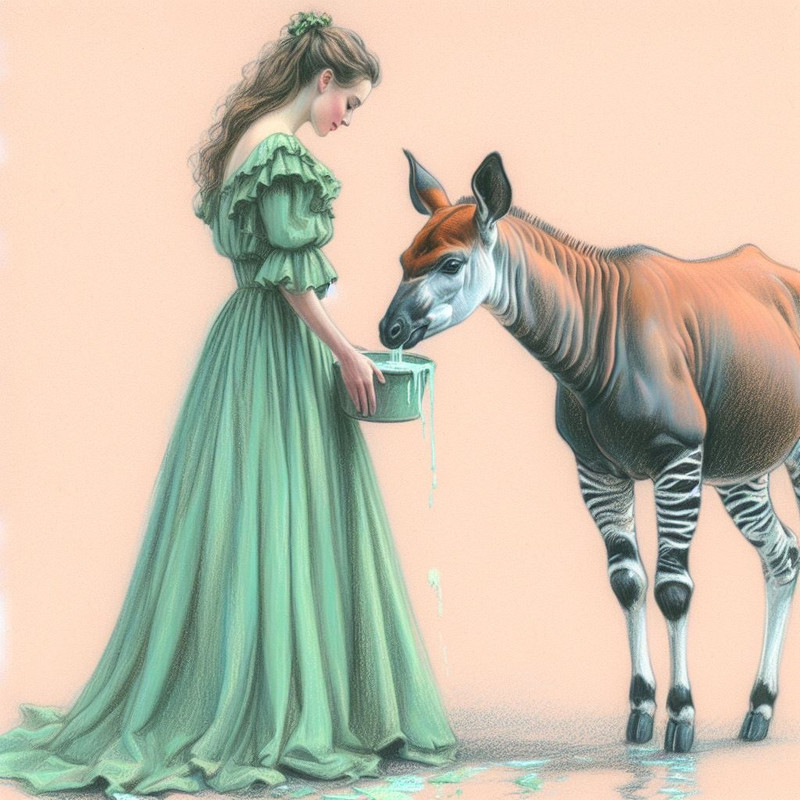 A lady in a long green dress feeding an okapi in pastels