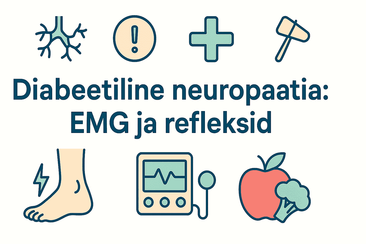 Diabeetiline neuropaatia – EMG ja refleksid Infograafik diabeetilise neuropaatia kohta, rõhutades EMG ja reflekside rolli