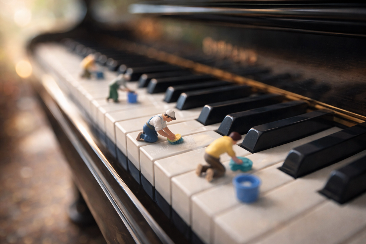 Người tí hon lau chùi phím đàn piano