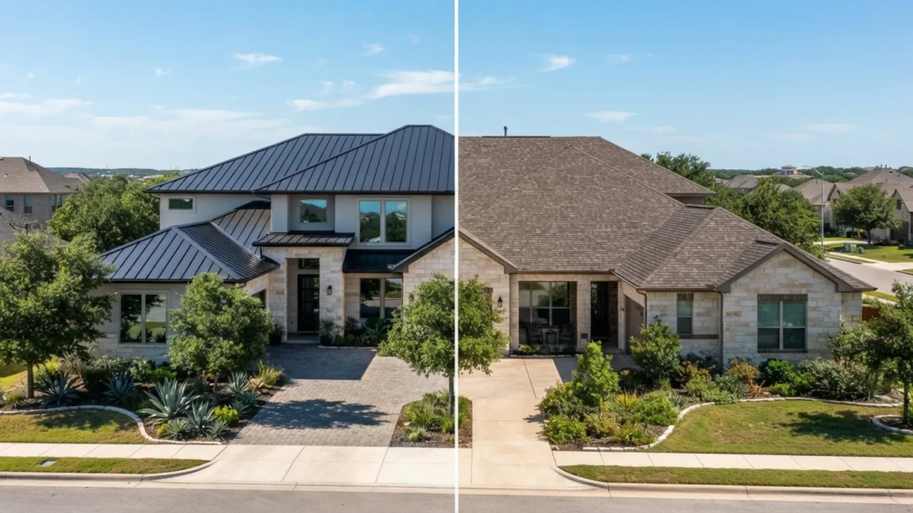 Metal roofing versus asphalt shingles side by side comparison San Antonio home