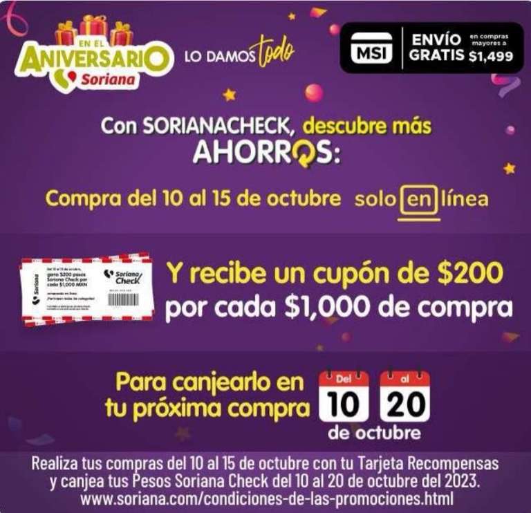 Soriana: $200 en cupones SorianaCheck por cada -,000 para tu siguente compra (sólo tienda en línea) 
