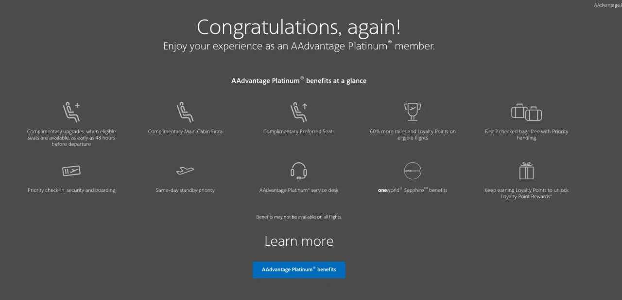 AAdvantage Platinum status benefits at a glance