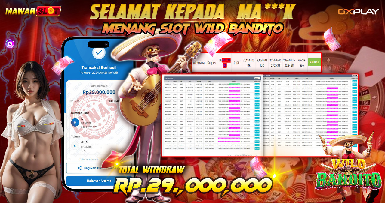 Bukti Jackpot Game Slot PGSoft Wild Bandito di Mawarslot: 29 Juta!