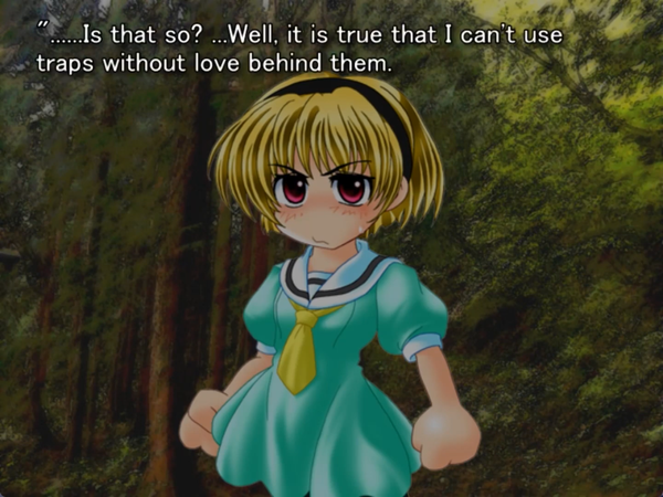 still frame from the original higurashi visual novel showing satoko, smiling and saying “…Is that so? …Well, it is true that I can’t use traps without love behind them. …Then I’ll just move the nail here so that if the villain really reforms their behavior, they won’t get caught by it…”
