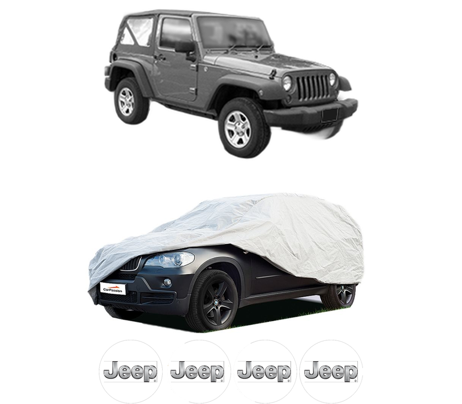 Husa tip prelata auto pentru JEEP WRANGLER II (TJ) din 1996-2007, Culoare Gri, material textil impermeabil, rezistanta la intemperii praf UV, CARPASSION Husa Protectie, 4 Stickere auto cu JEEP