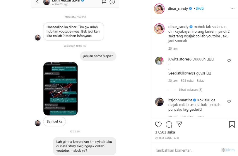 Dinar Candy membagikan tangkapan layar direct message dari Lutfi Agizal