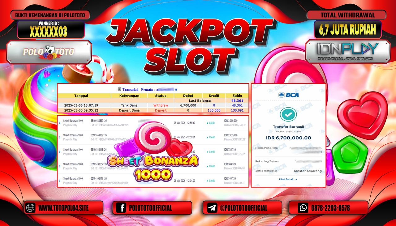 POLOTOTO JACKPOT SLOT SWEET BONANZA 1000 Rp.6.700.000,-