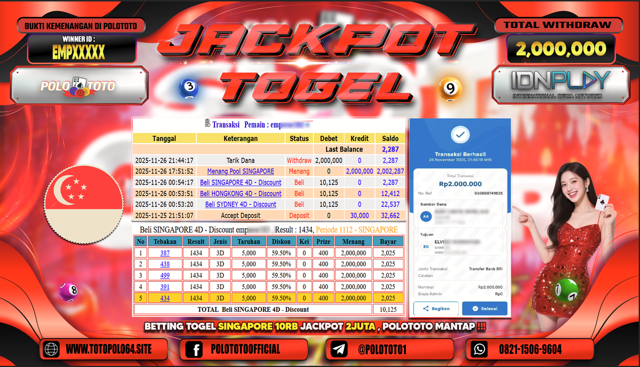POLOTOTO JACKPOT TOGEL MENANG POOL SINGAPORE Rp.2.000.000,- LUNAS
