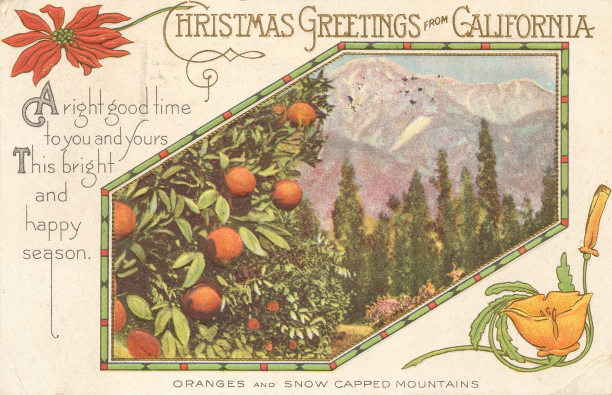 A postcard from the early 20th century: Christmas Greetings from California - A right good time to you and yours this bright and happy season. Pictures of oranges and snow capped mountains in the background, and an orange blossom in the foreground