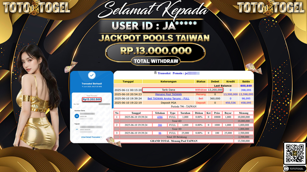 Bukti Pembayaran Jackpot Permainan Togel Pools Taiwan ID:JA***** LUNAS