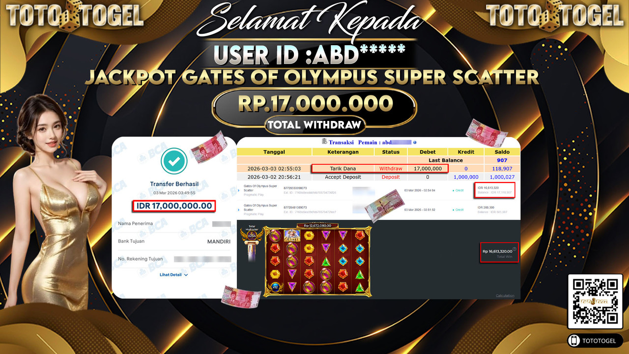 Bukti Pembayaran Jackpot Permainan Slot Gates Of Olympus Super Scatter ID:ABD*****LUNAS