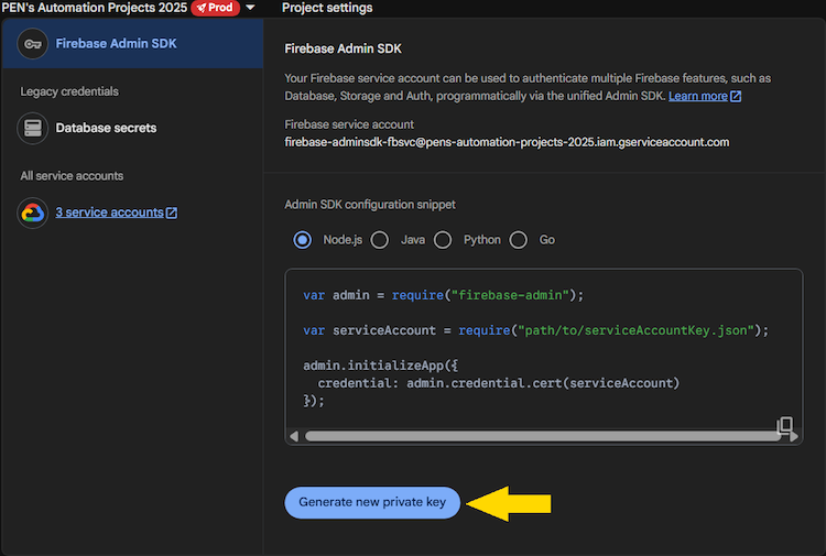 Firebase Admin SDK Generate New Private Key