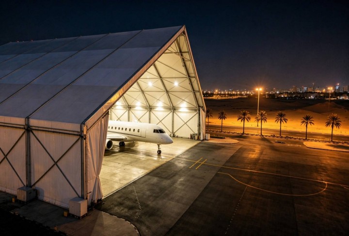 Interior view of LINGTONG A-Frame aircraft hangar tent showing clear-span space
