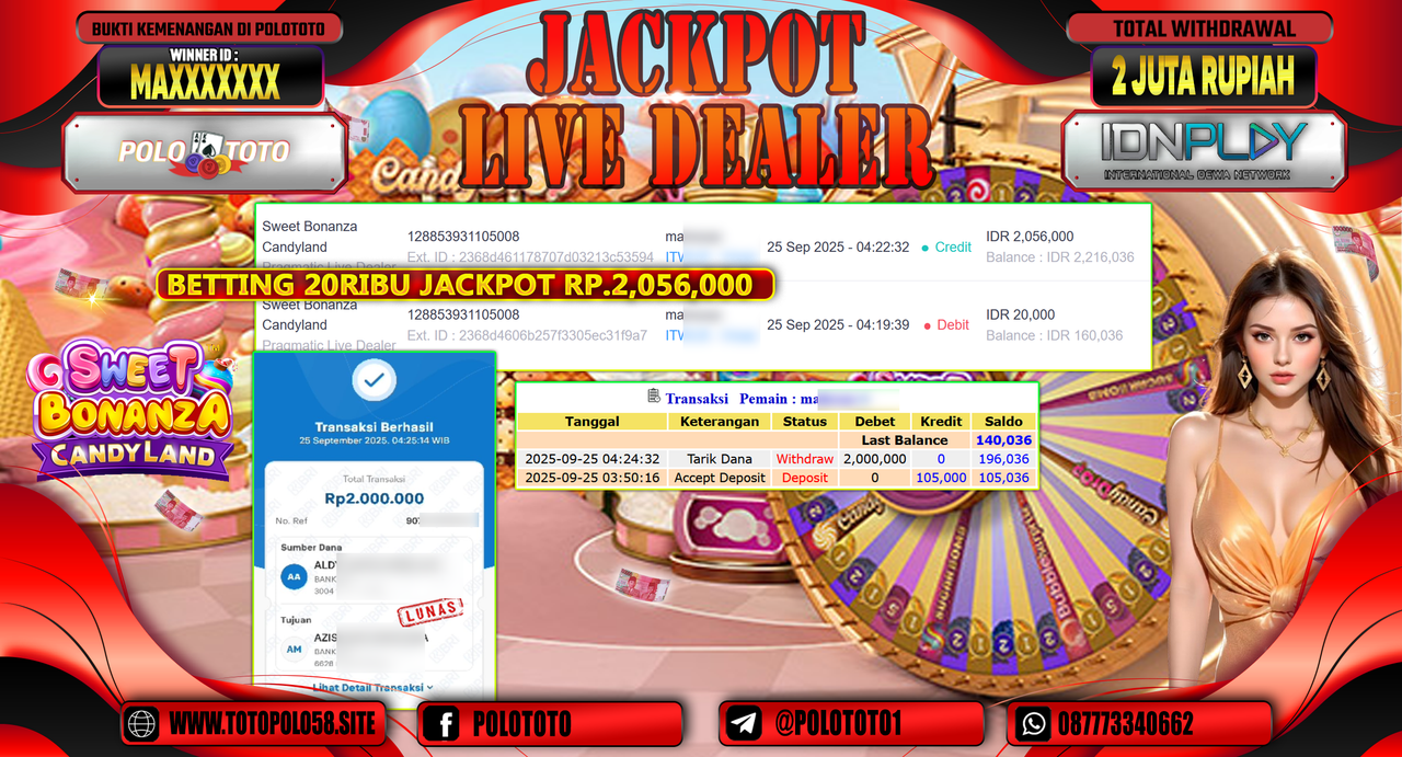 POLOTOTO JACKPOT SLOT LIVE DEAlER SWEET BONANZA CANDYLAND Rp.2.000.000,- LUNAS