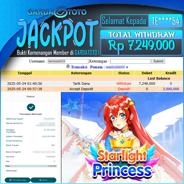 JACKPOT SLOT MAIN DI SLOT  PRAGMATIC PLAY STARLIGHT PRINCESS WD Rp 7.249.000,- DIBAYAR LUNAS GARDATOTO MANTAP !