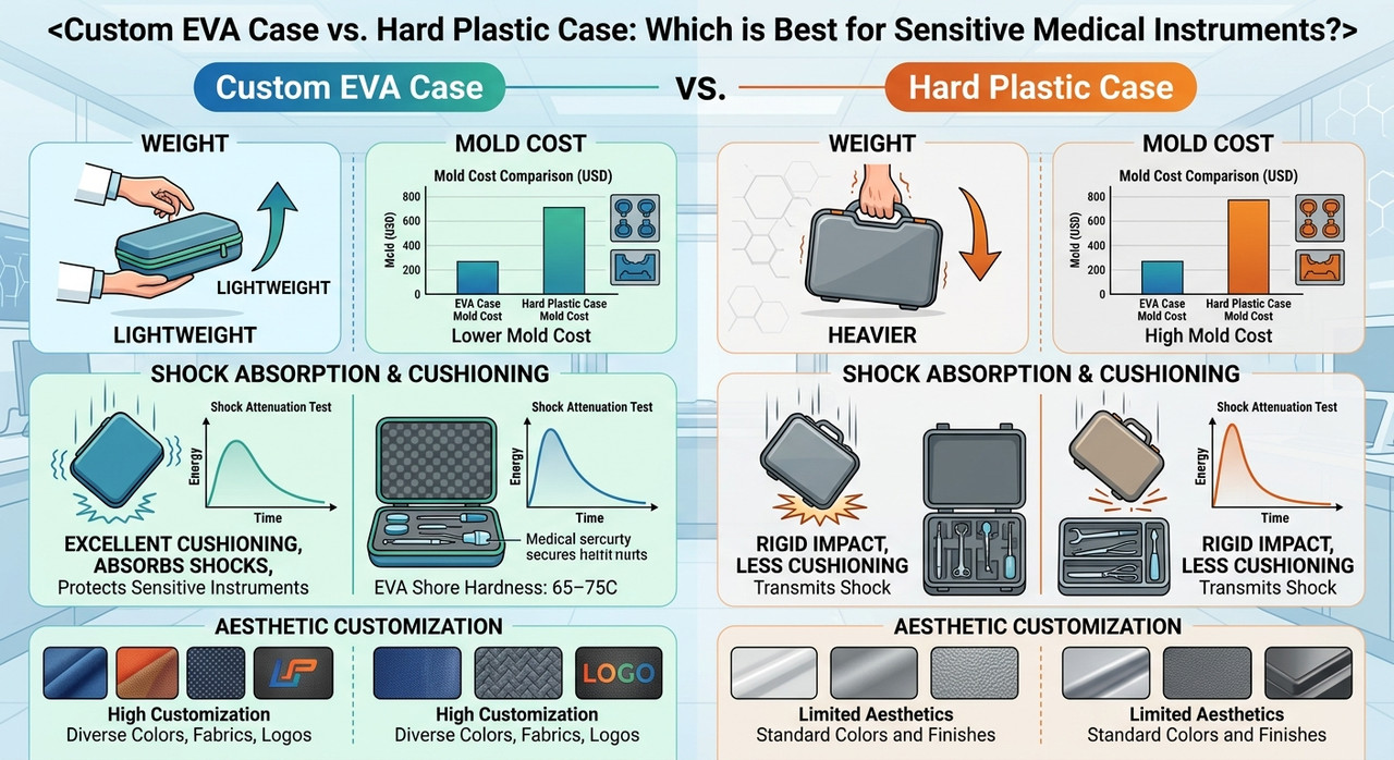 Side-by-side comparison of a custom EVA medical case with die-cut foam insert vs an injection-molded hard plastic case on a laboratory table.