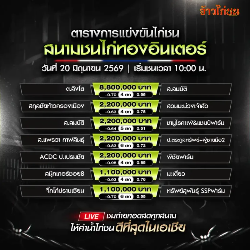 โปรแกรมไก่ชน สนามชนไก่ทองอินเตอร์ 20 มิถุนายน ตารางประกบคู่ชนฉบับเต็ม