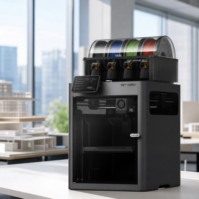Impressora Bambu Lab X2D em ambiente de escritório corporativo