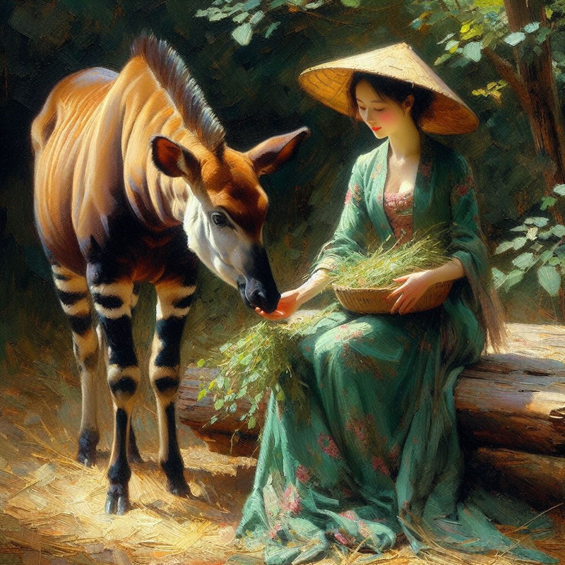 A lady in a long green dress feeding an okapi impressionist