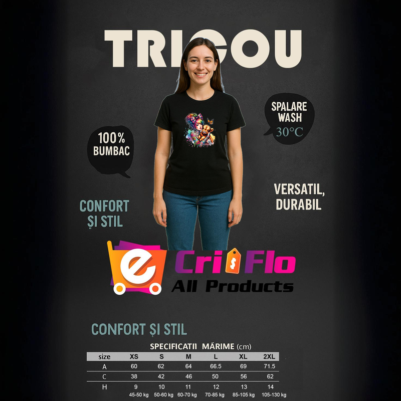 Tricou girl hugging puppy with bow, fata cu catelus si fundita, Dama, 100% bumbac, Cri-Flo, Culoare Negru, Marime L