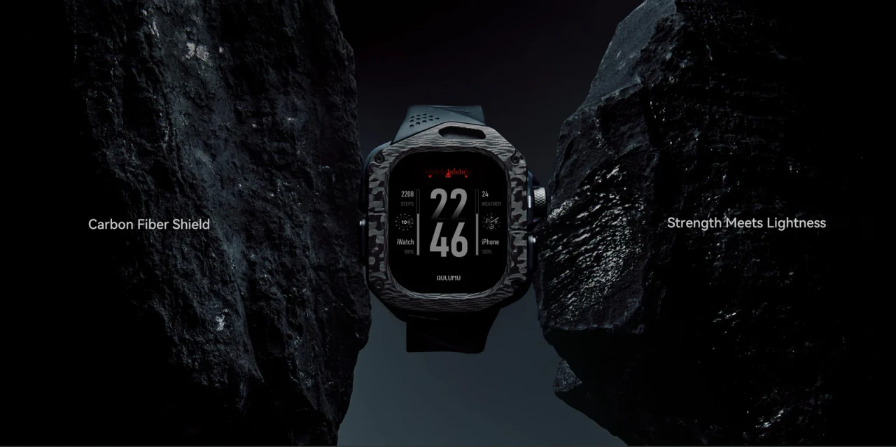 Set Husa si Curea pentru Apple Watch Ultra 1/2/3, Aulumu A01, din Fibra de carbon si cauciuc, Rezistenta la socuri, Butoane metalice tactile, Protectie 360°, Banda FKM elastica si durabila, Rezistenta la apa si transpiratie, Design premium, Negru A01 C PC BLOCK 6