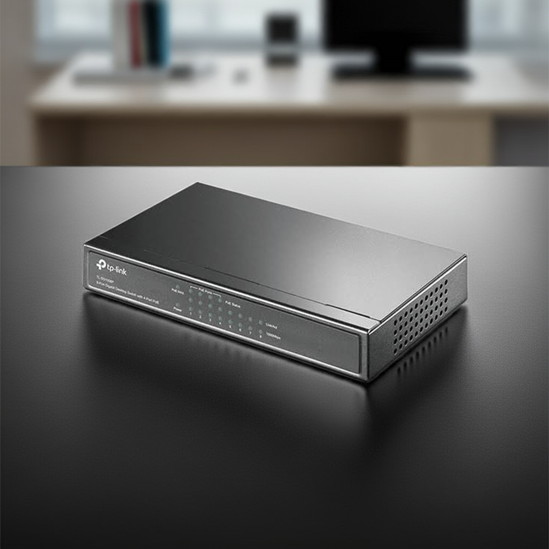 Switch TP-Link TL-SG1008P em um ambiente de uso, mostrando seu tamanho compacto.
