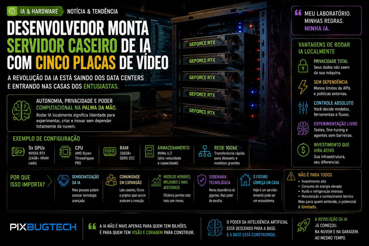 Um desenvolvedor montou um servidor caseiro de IA com cinco GPUs e isso mostra que a corrida da inteligência artificial está saindo dos data centers gigantes
