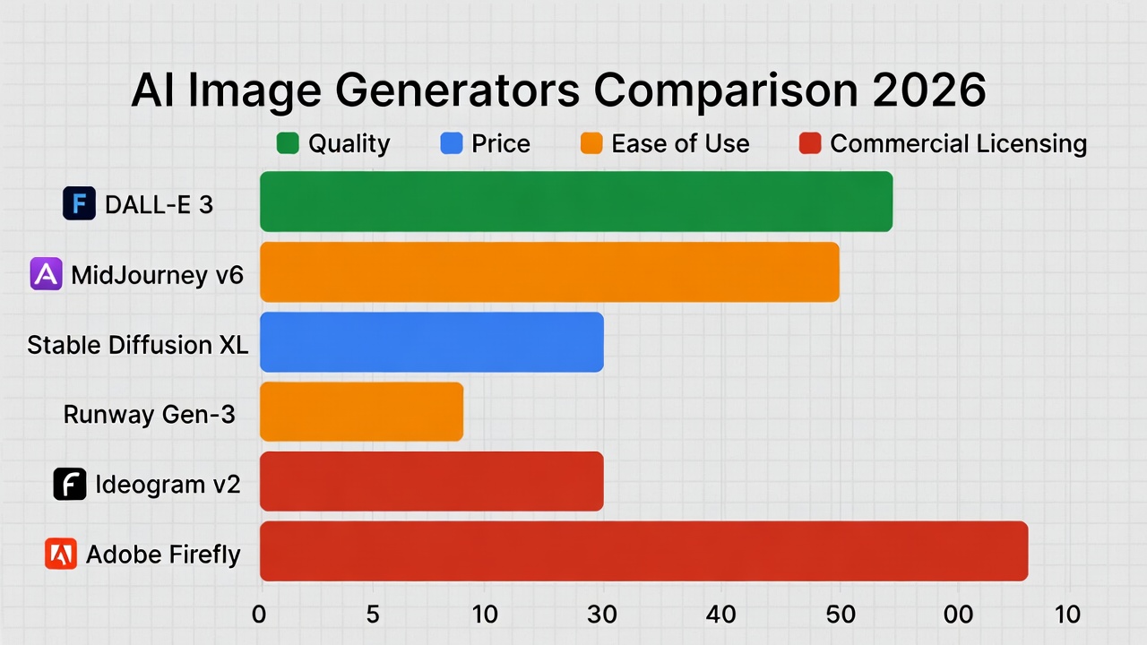 Comparison chart showing AI image generators ranked by quality, price, ease of use, and commercial licensing for 2026