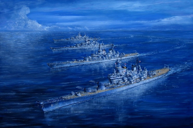 División de acorazados 2 los cuatro acorazados clase Iowa juntos, el 7 de junio de 1954. De arriba abajo, USS New Jersey BB-62, USS Missouri BB-63, USS Wisconsin BB-64 y USS Iowa BB-61. Retrato de Wayne Scarpaci