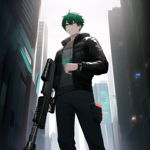 black hair, cyberpunk, teenage, 1 boy, assault rifle, green hair bridge, black e s-2608550018