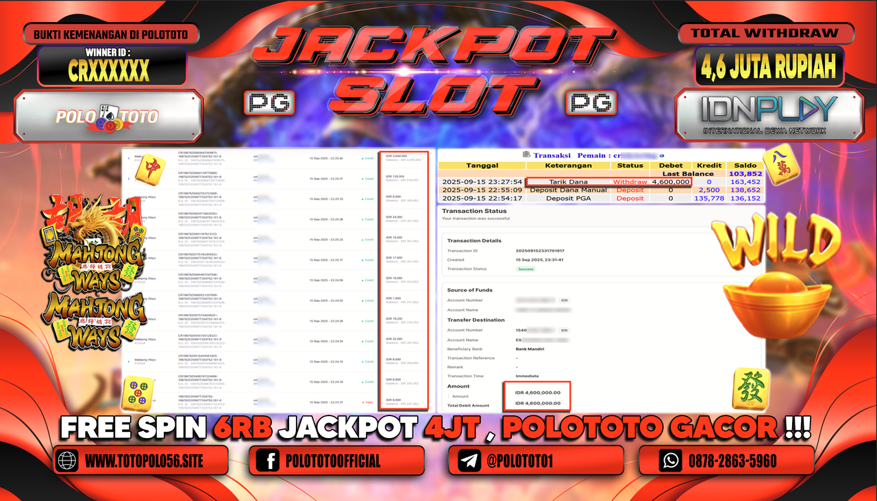 POLOTOTO JACKPOT SLOT MAHJONG WAYS Rp.4.600.000,-