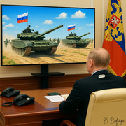 Putin watches the war on television in his Kremlin office.