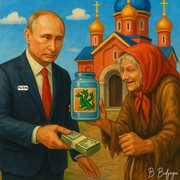 Putin gives a crooked old witch a thick wad of dollars in exchange for a jar of “magic water.”