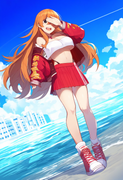 1girl, scenery, waves, dutch angle, full body, black eyes, big hair, orange hair s-1928903482