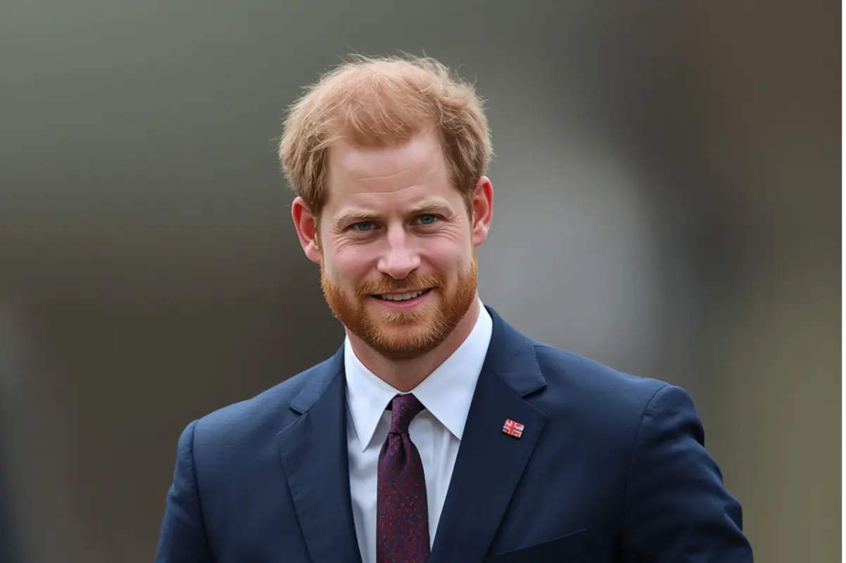 Prince Harry in 2025 wearing a navy suit, Duke of Sussex, confident outdoors, modern digital portrait