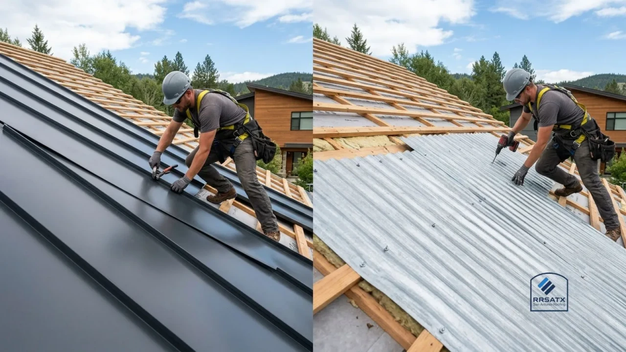 Standing seam metal roof panel profile compared to exposed fastener corrugated panel