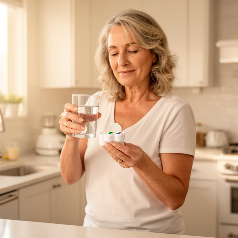 Mujer tomando medicamento con agua en casa