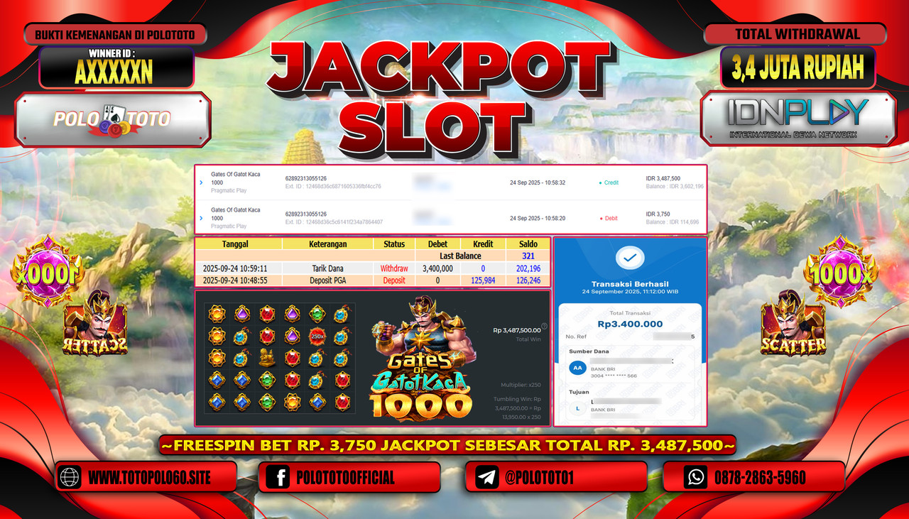 POLOTOTO JACKPOT SLOT GATES OF GATOT KACA 1000 Rp.3.400.000,- LUNAS