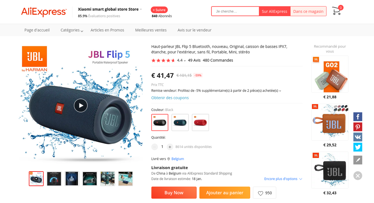 Screenshot 2022-12-22 at 16-36-41 41.47€ 59% de réduction Haut parleur JBL Flip 5 Bluetooth nouveau 