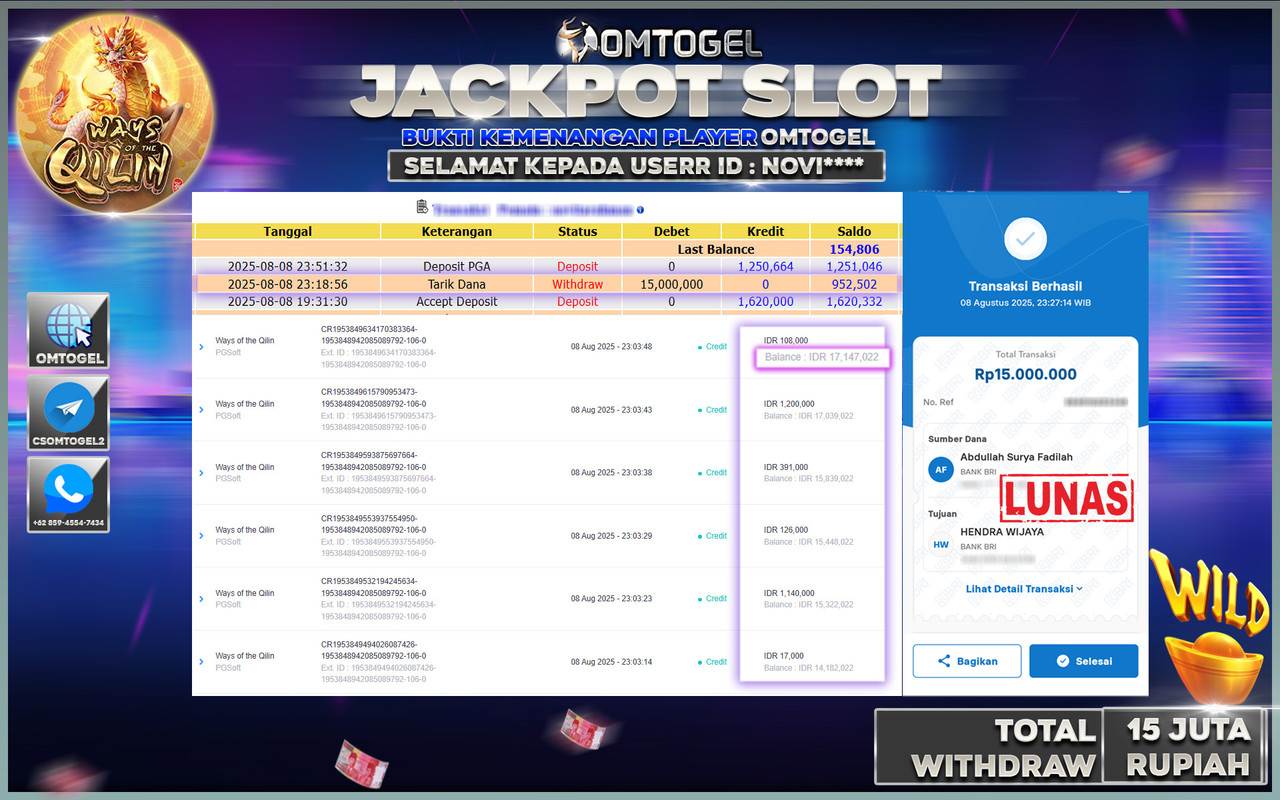 OMTOGEL JACKPOT PGSOFT WAYS OF THE QILIN 15 JUTA DI BAYAR LUNAS ,-