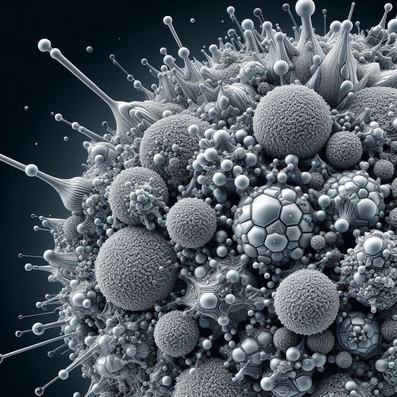 detailed scientific illustration of silver nanoparticles under extreme magnification